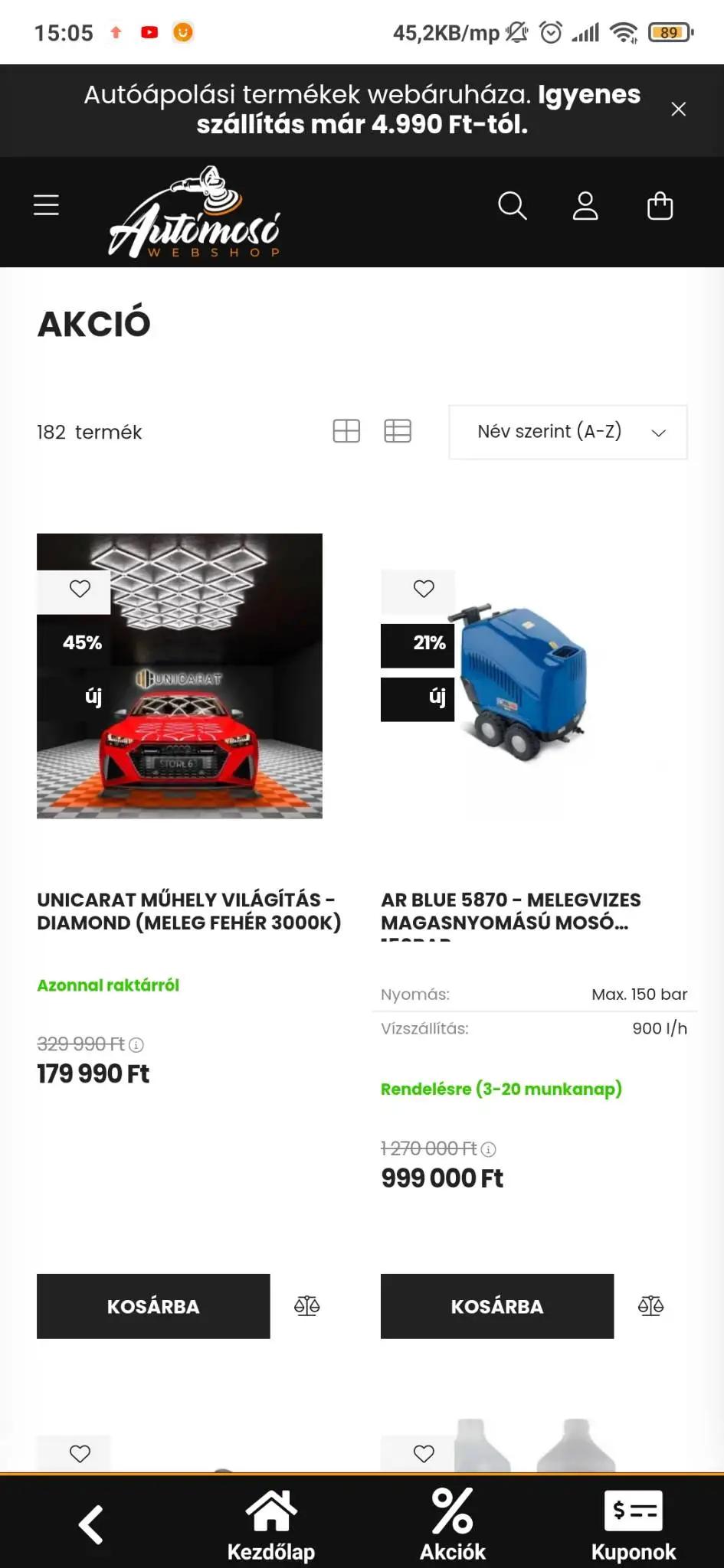 Autómosó webshop app - 2