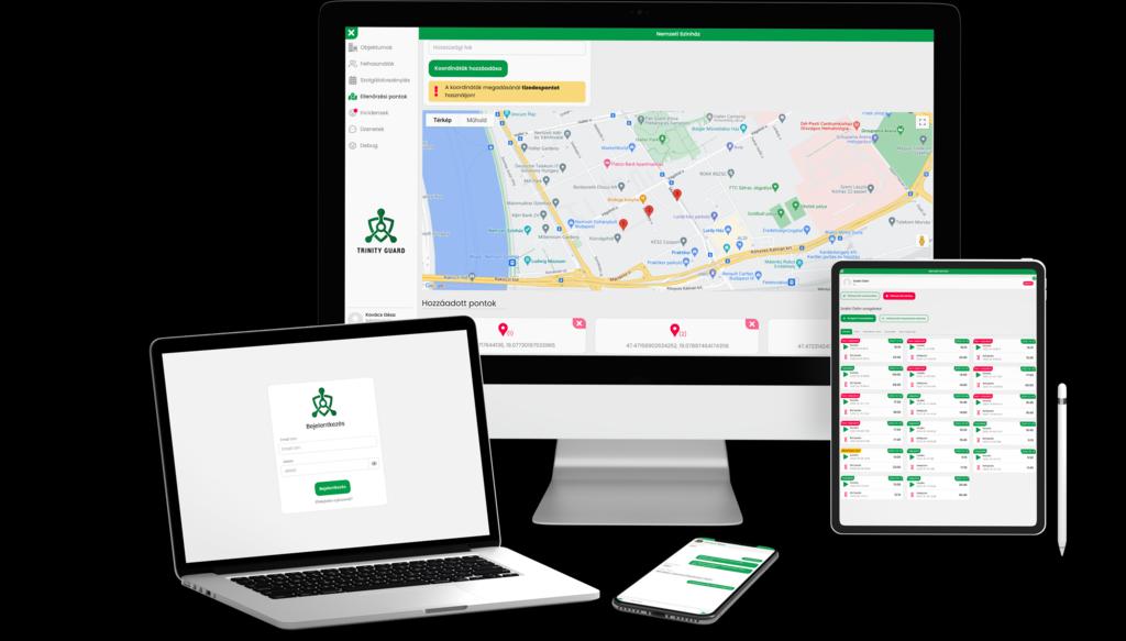 A Trinity Guard rendszer bemutatóképe: webes diszpécserfelület és mobilalkalmazás